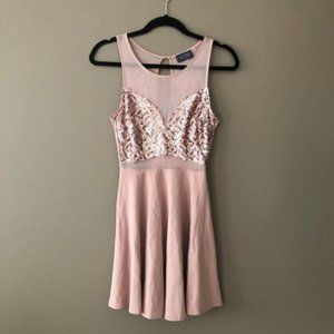 ASTR The Label Sequin Mesh Keyhole Sleeveless Mini Skater Dress Blush Pink S